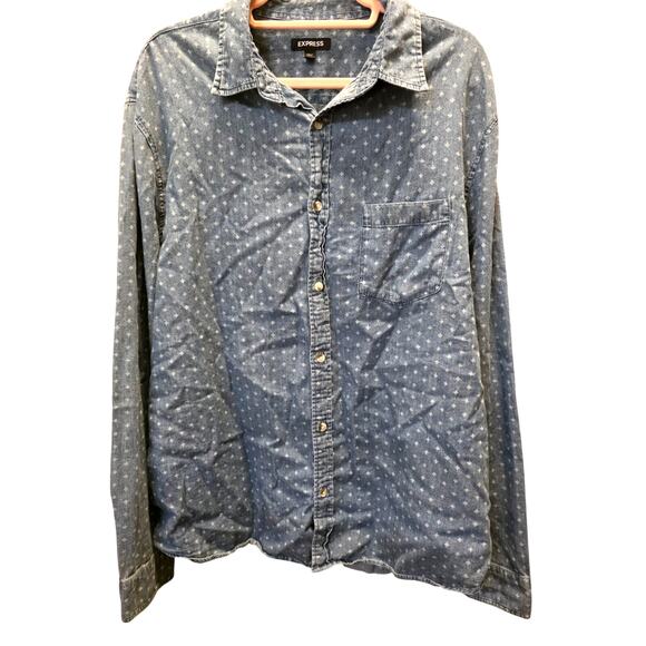 EXPRESS Chambray Lightweight Denim Print Button-Up Shirt Size XL EUC - Picture 1 of 4